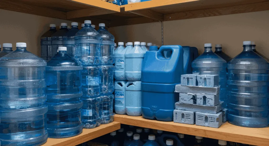 Una despensa de casa limpia y organizada con un almacenamiento de agua de emergencia. En estantes de madera resistentes hay pilas de cajas de botellas de agua selladas, grandes recipientes de agua de grado alimenticio de color azul y ladrillos de agua apilables, todo ello ordenado. La escena está bien iluminada y transmite una sensación de seguridad y preparación.
