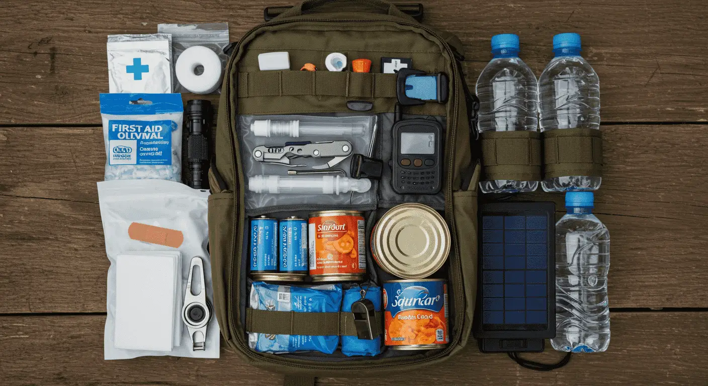 Kit de emergencia de 72 horas en una mochila de supervivencia abierta con alimentos enlatados, agua, botiquín de primeros auxilios, multiherramienta y panel solar portátil.