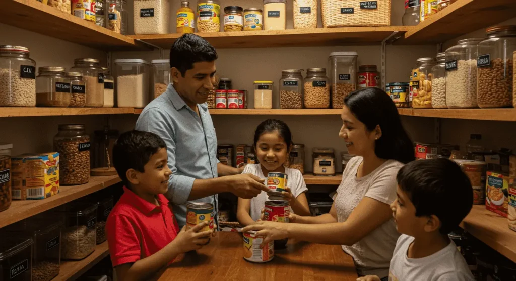 Una familia sonriente de cuatro personas se reúne alrededor de una mesa de madera en su despensa bien surtida, preparada para el almacenamiento de alimentos a largo plazo. Las estanterías contienen frascos de vidrio y latas con productos como frijoles, arroz y otros artículos de primera necesidad.