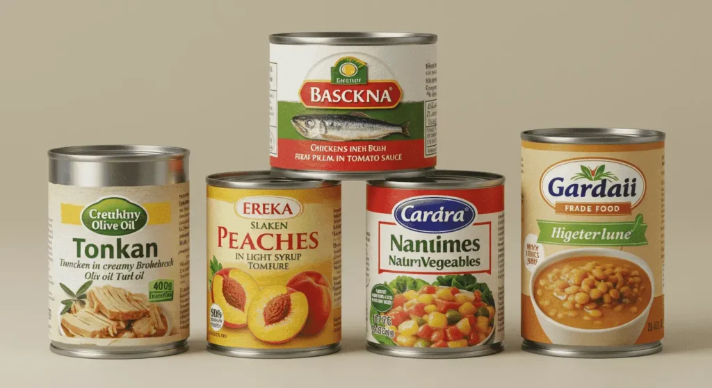 Varios alimentos enlatados sobre un fondo liso. Se ven latas de atún, duraznos, vegetales mixtos, frijoles y sardinas, representando una selección de conservas