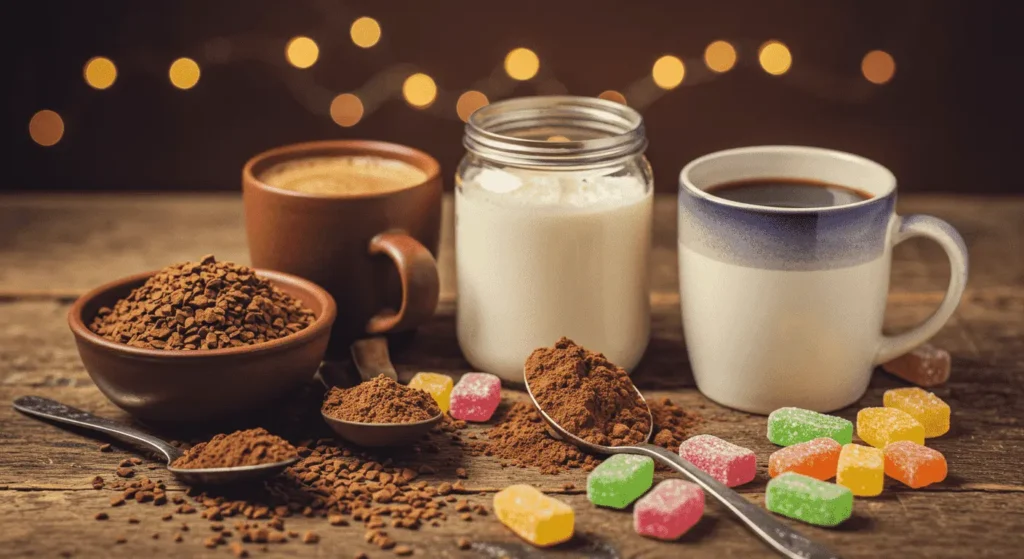 Composición sobre una mesa de madera con café, chocolate y dulces. Se muestra café instantáneo, cacao en polvo, un frasco con leche, dos tazas de café y caramelos de goma de colores.