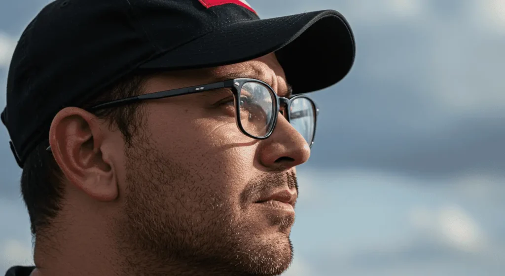 Primer plano del rostro de un hombre de perfil con gafas y gorra, mirando al horizonte con una expresión de determinación y resiliencia.