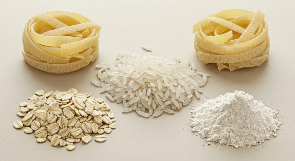 Una selección de granos y cereales secos sobre un fondo claro. Incluye pasta tipo fettuccine, avena en hojuelas, arroz blanco y harina.