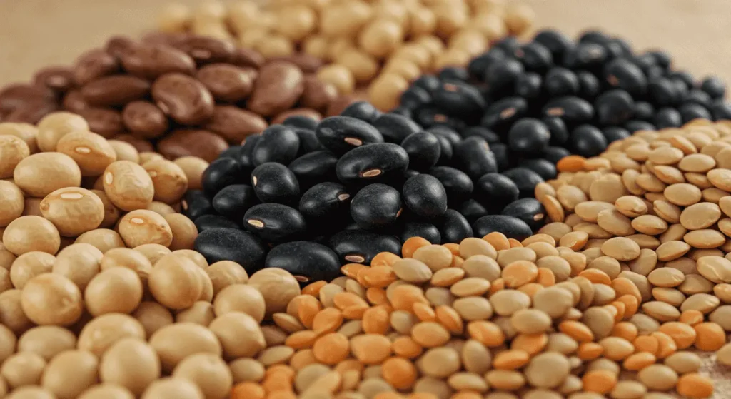 Primer plano de una variedad de legumbres secas. Se distinguen montones de frijoles negros, pintos, blancos y otras variedades, mostrando una mezcla de colores y texturas.