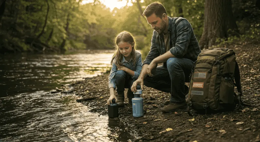 Un padre y su hija se arrodillan junto a un arroyo, utilizando un filtro de agua portátil para llenar recipientes. Una mochila de emergencia se encuentra cerca, sugiriendo preparación y autosuficiencia en un entorno natural.