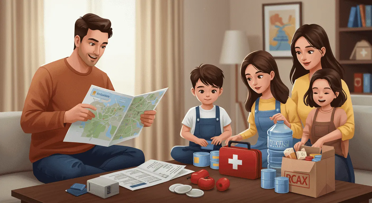 Ilustración de una familia de cinco miembros organizando un plan de emergencia familiar sobre una mesa. El padre revisa un mapa mientras la madre y los hijos preparan un botiquín, agua y alimentos.