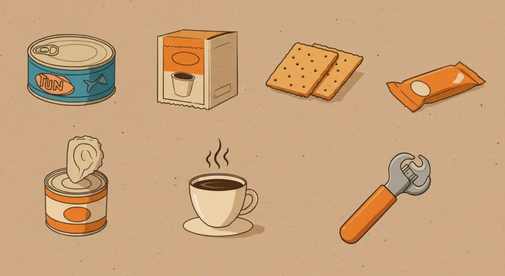 Alimentos no perecederos sugeridos para un kit de emergencia para terremotos en Costa Rica, incluyendo ilustraciones de atún, galletas, café y un abrelatas.