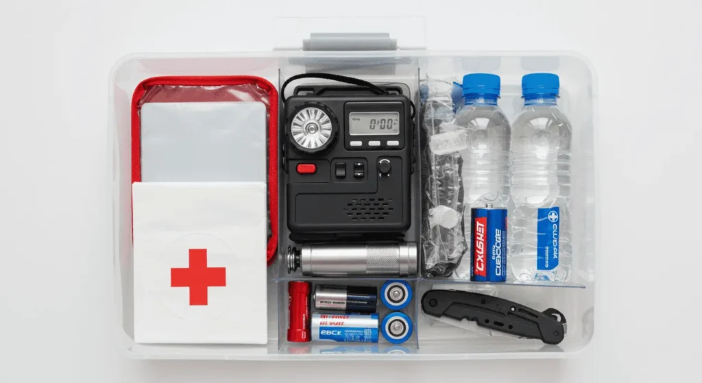 Un kit de emergencia para un apagón prolongado, organizado en una caja transparente. Contiene elementos esenciales como un botiquín de primeros auxilios, una radio de emergencia a manivela, linterna, baterías de repuesto, botellas de agua y una navaja multiusos.