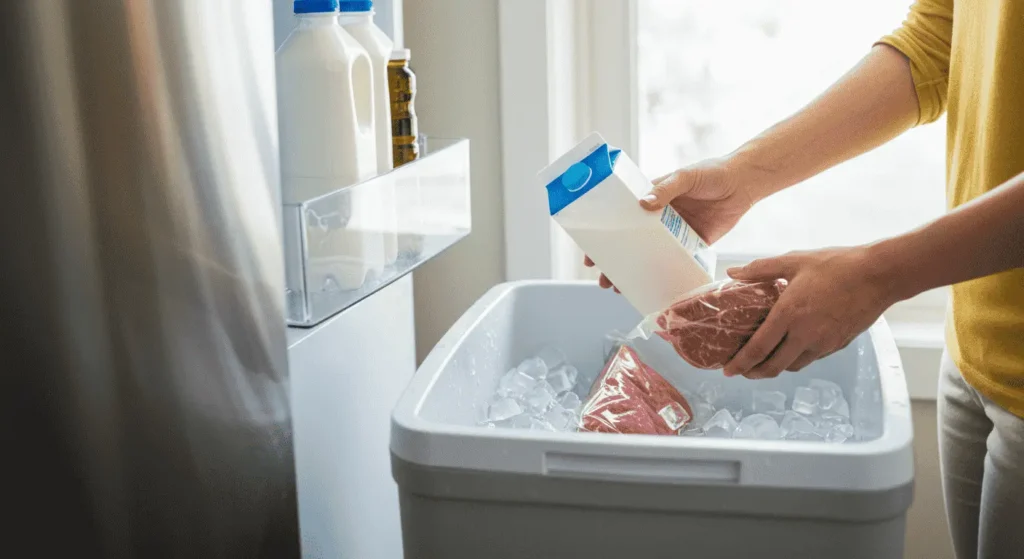 Una persona practica la seguridad alimentaria durante un apagón al mover alimentos perecederos, como carne y leche, del refrigerador a una hielera llena de hielo para mantener la cadena de frío.