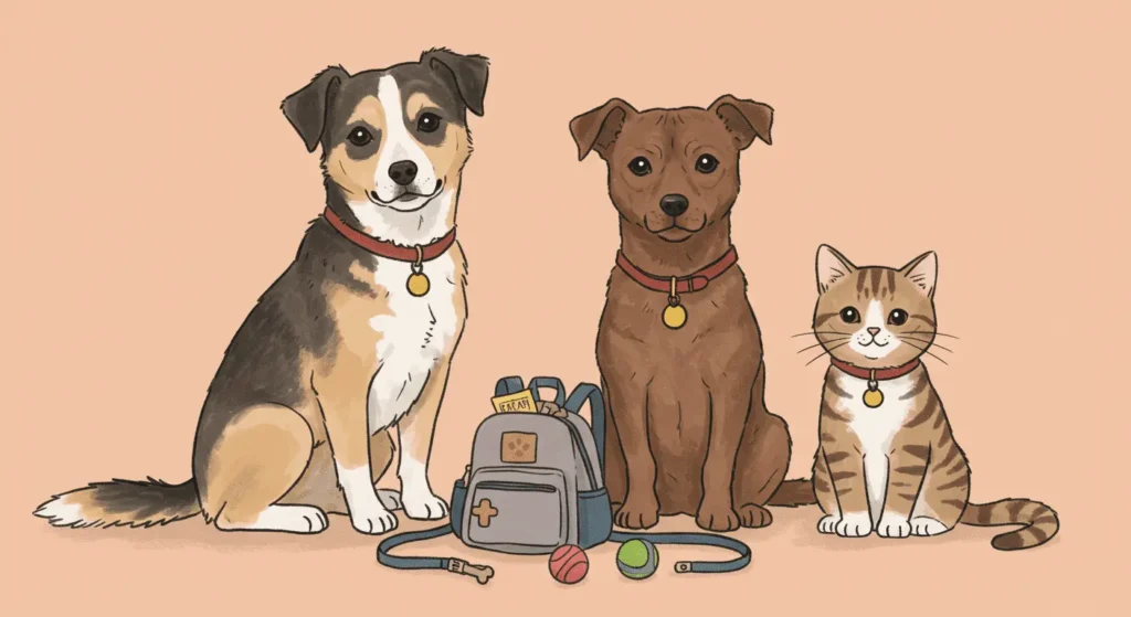 Ilustración de un kit de emergencia para mascotas con dos perros y un gato, un componente vital a considerar al armar el kit de emergencia para terremotos familiar en Costa Rica.