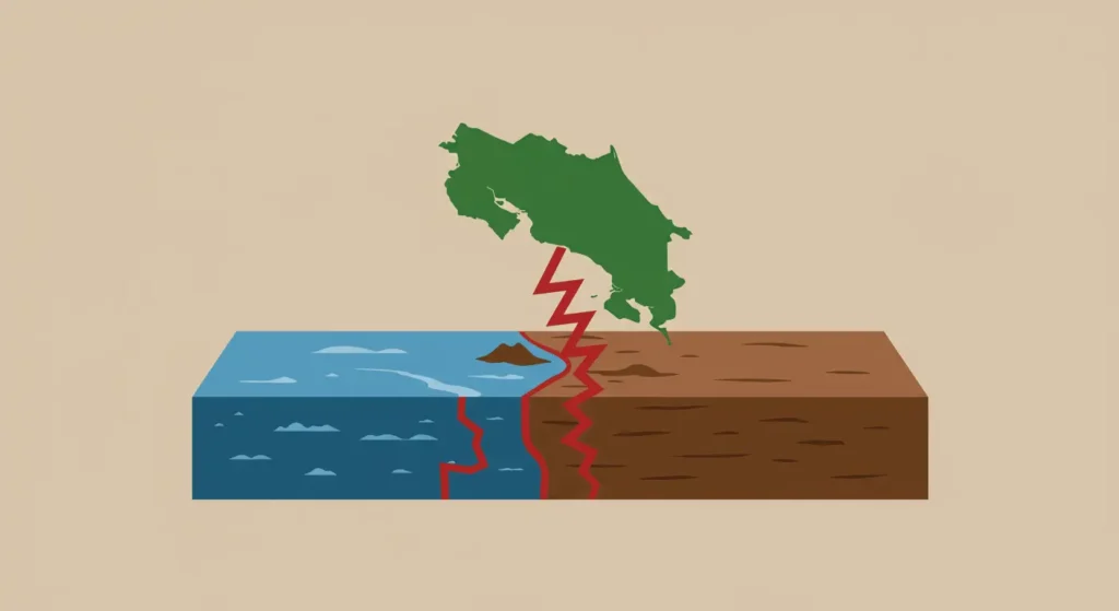 Ilustración de las placas tectónicas que causan sismos en el país, demostrando la importancia de preparar un kit de emergencia para terremotos en Costa Rica.